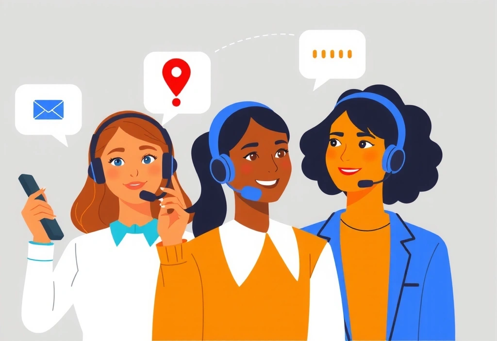 Ilustración de un equipo de atención al cliente listo para ayudar, con iconos de teléfono, correo electrónico y chat.