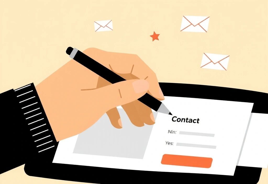 Ilustración de una mano escribiendo un mensaje en un formulario de contacto, simbolizando comunicación y asistencia.