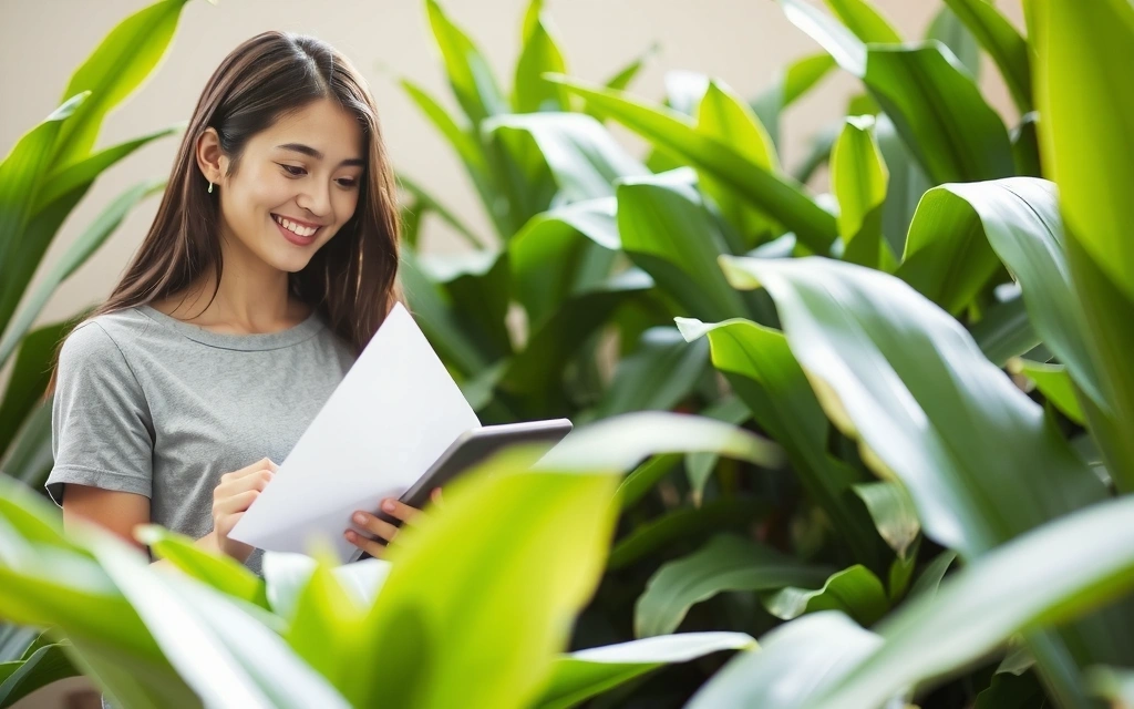 Mujer sonriendo mientras lee un boletín digital en una tablet, rodeada de plantas y luz natural.