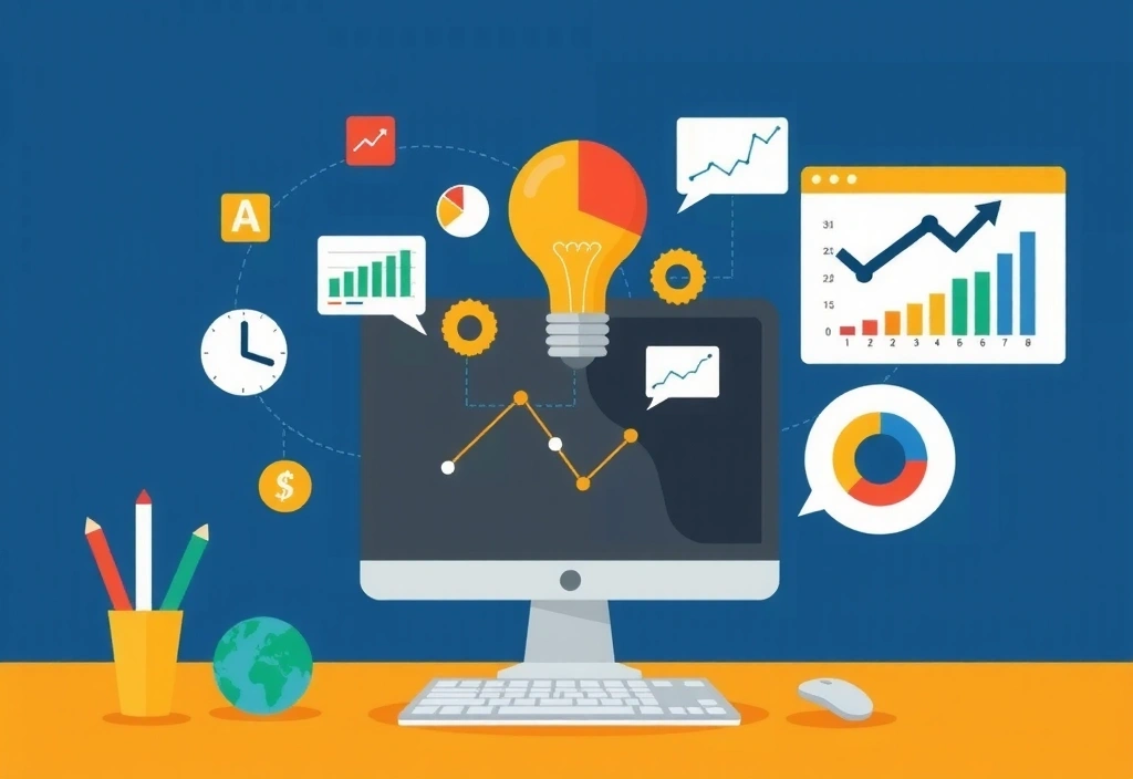Illustration of data processing and analysis, with charts, graphs, and digital icons symbolizing information flow and strategic use.