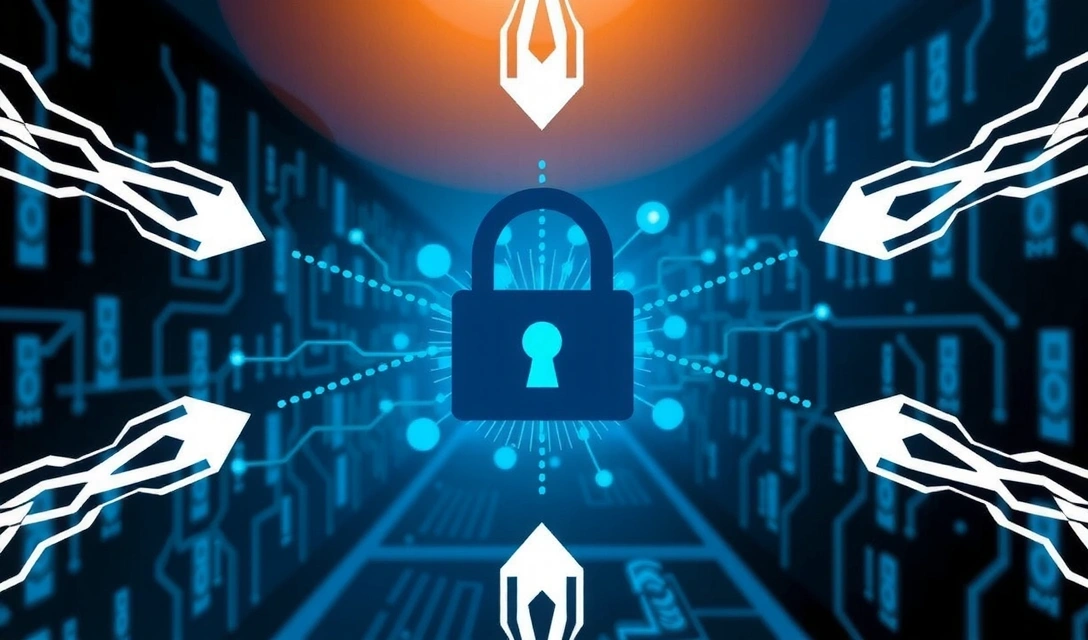 Ilustración de un candado digital y flechas de datos