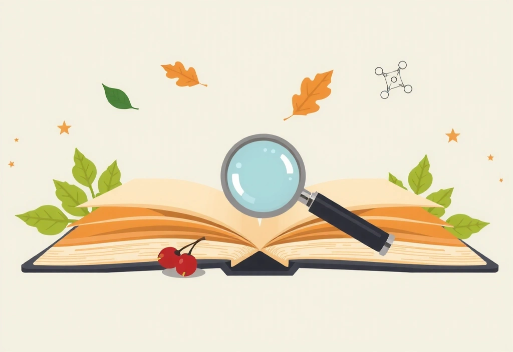 Ilustración de un libro abierto con una lupa y elementos naturales alrededor, simbolizando el conocimiento y la investigación en salud.