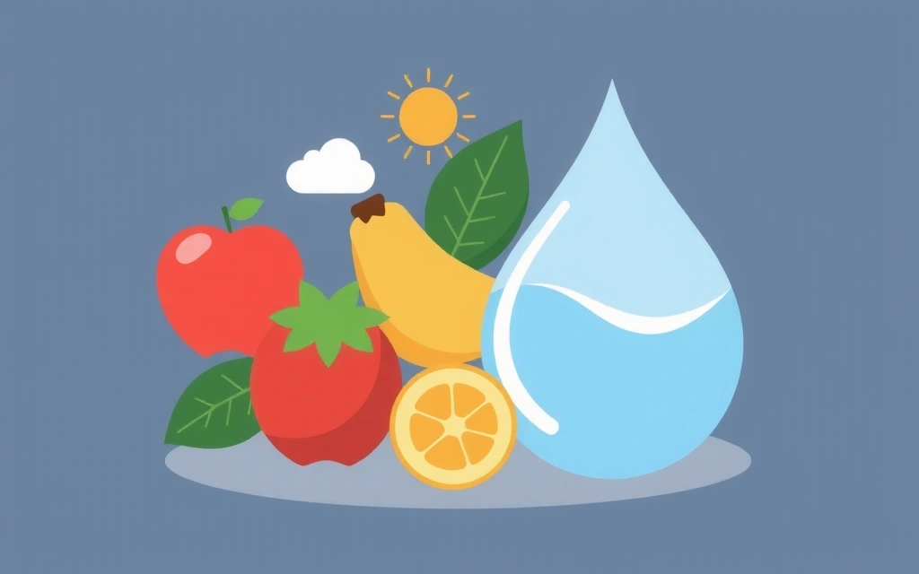 Ilustración estilo infografía con elementos abstractos de vida sana: gota de agua, fruta, símbolo de ejercicio, sol, todo interconectado.