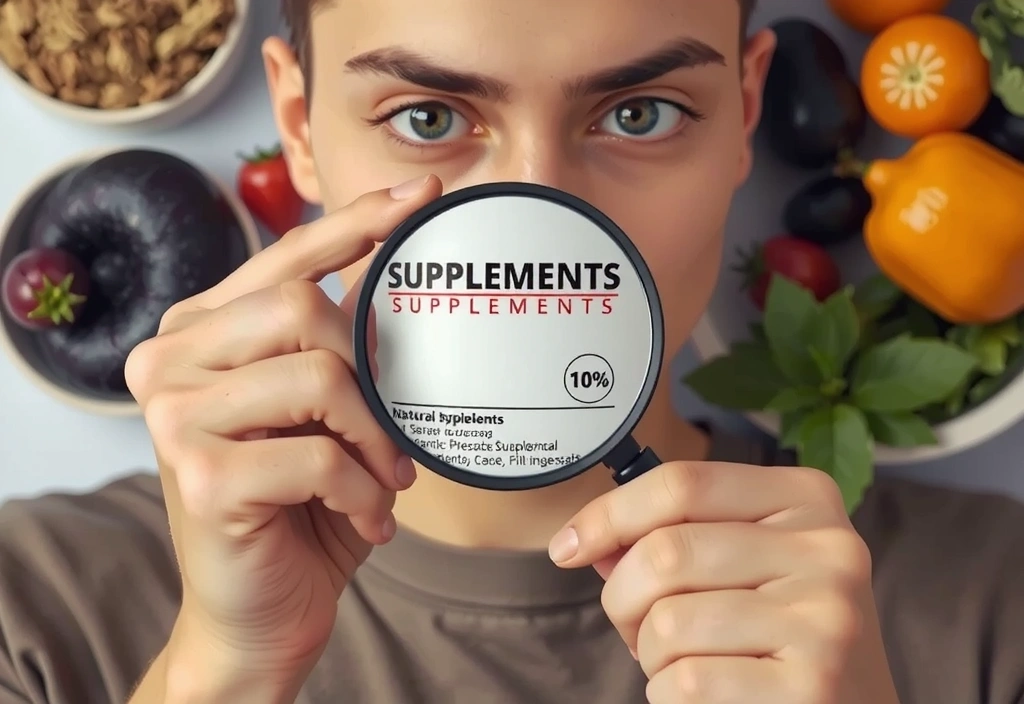 Persona examinando la etiqueta de un suplemento con una lupa, rodeada de ingredientes naturales y símbolos de calidad.