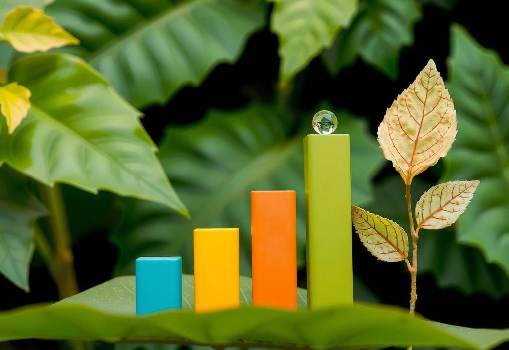 Imagen abstracta de un gráfico de barras ascendente con elementos naturales, simbolizando investigación, confianza y crecimiento