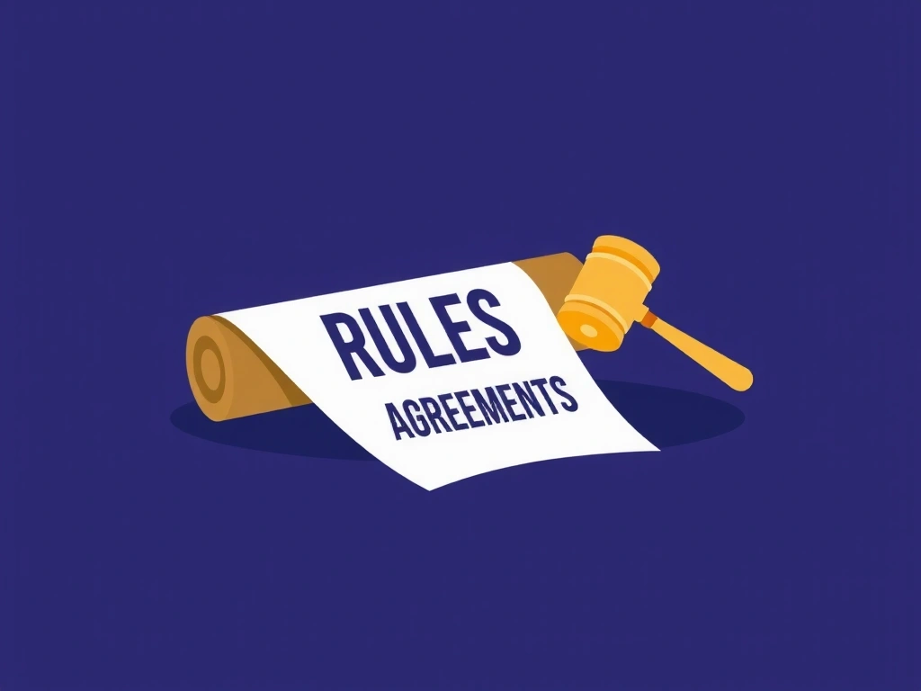 Ilustración abstracta de un pergamino con reglas y un martillo de juez, simbolizando acuerdos legales.