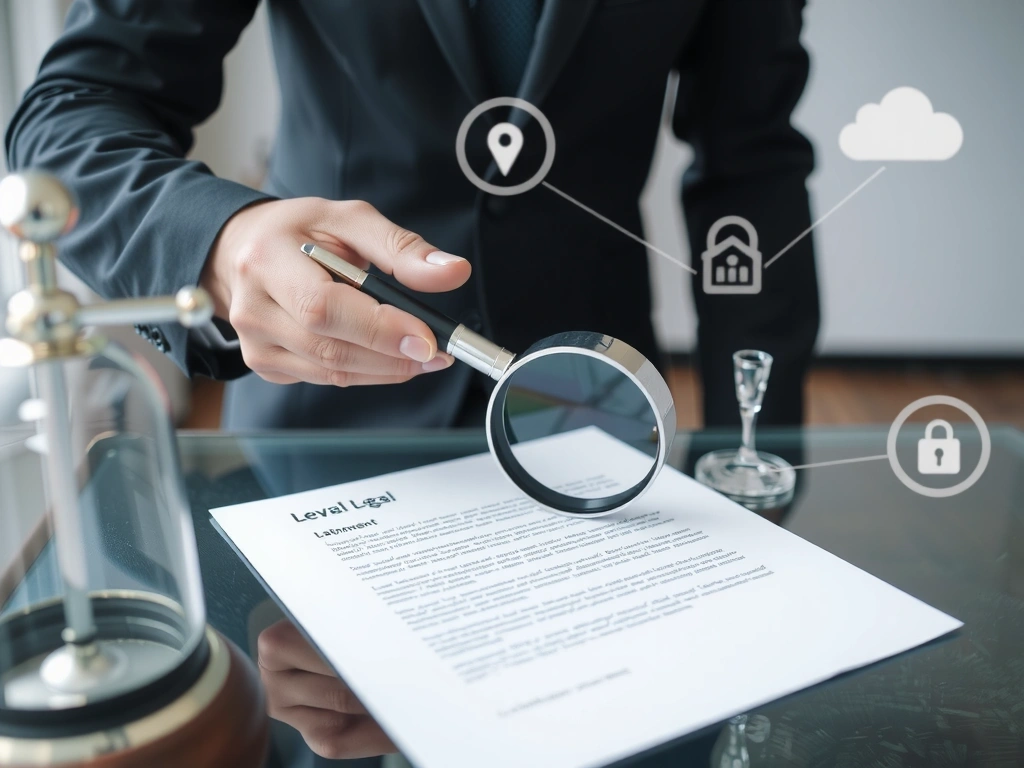 Persona leyendo un documento legal con lupa y bolígrafo, sobre un fondo de iconos de internet y dispositivos.